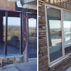 Before and after of exterior door and replacement window on home.
