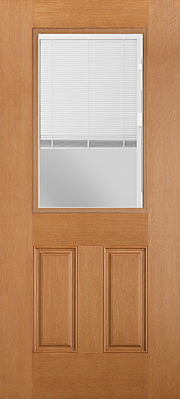 Belleville Fir Textured 2 Panel Door Raise and Lower-Tilt White Miniblind with Clear Glass Door